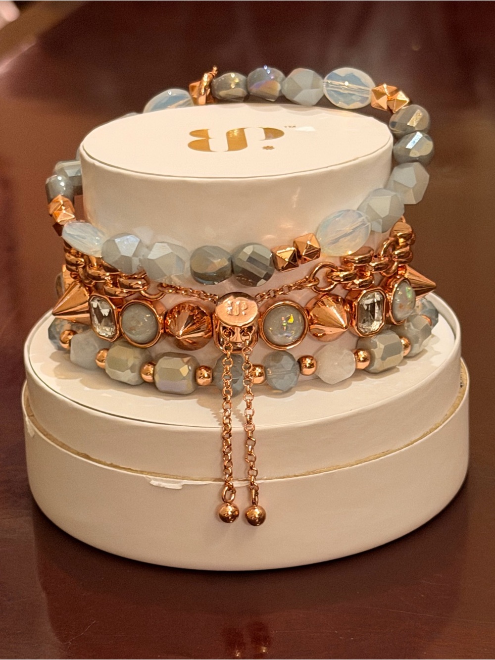 Bomb Party NWT ChristmasTree Gold and Gray Beaded Bracelet Stack! - Picture 5 of 9